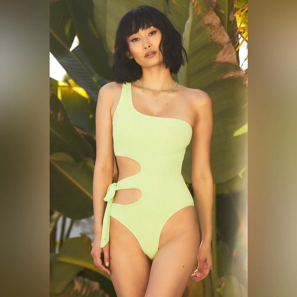 Just Add Water Lime Green Ribbed One-Shoulder Side-Tie Swimsuit - Picture 3 of 5